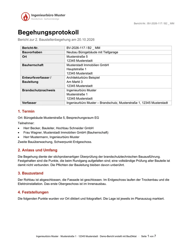 Deckblatt eines Begehungsprotokolls mit Projektdaten, Teilnehmern und Bauzustand