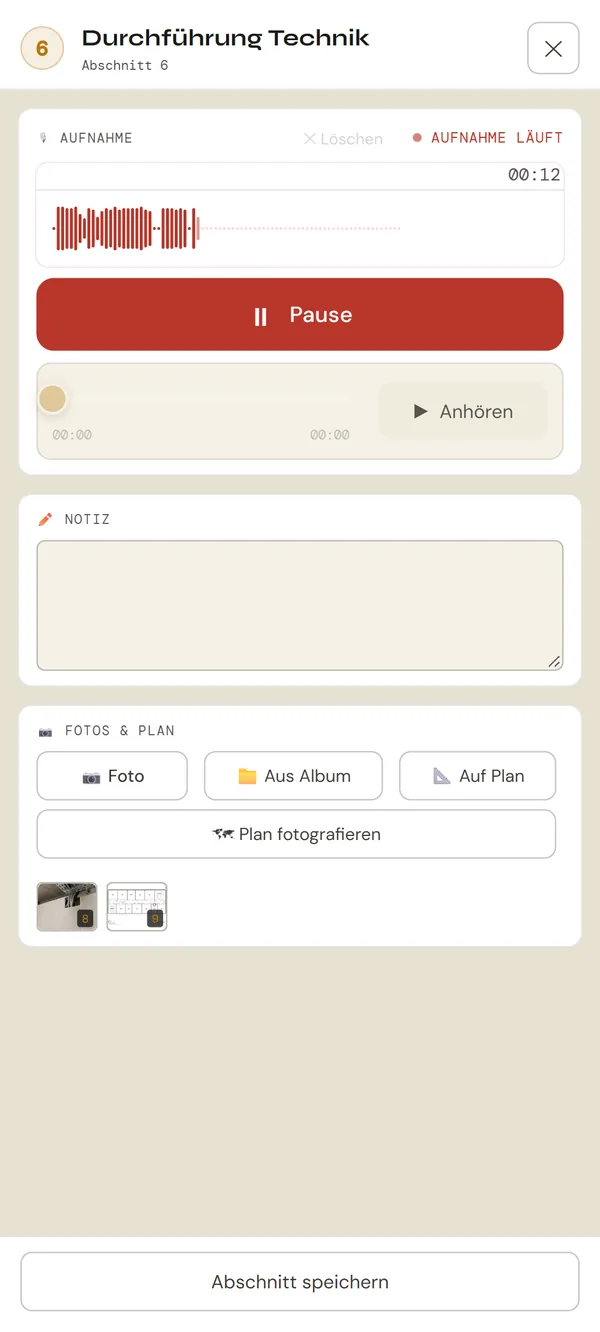 Laufende Sprachaufnahme in einem Abschnitt mit Foto und Planauszug