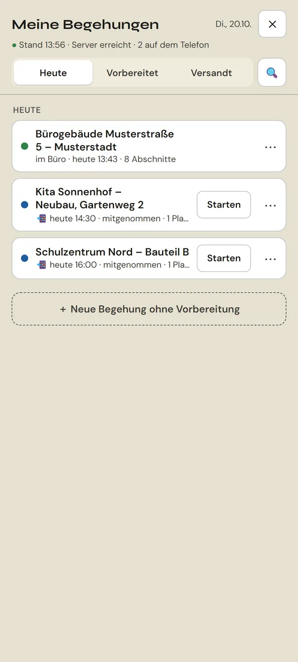 BauDiktat auf dem Smartphone: Liste Meine Begehungen mit den Terminen von heute